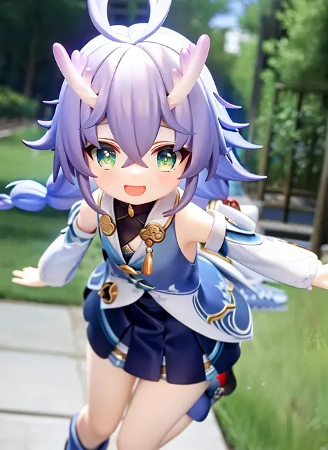 small girl, dancing, dynamic pose, dynamic angle 
happy, looking at viewer, closeup, jump,
 bailu (Honkai Star Rail), woolen skirt, solo, smile, purple hair, plaits, open mouth, long hair,  green eyes, dragon horns, detached sleeves, cute, clothes, braids,...