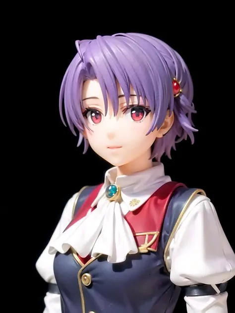 1girl, woman, 20yo, short hair, purple hair, dress, facing viewer, feint smile, plastic figurine, bangs, (((longer face))), (hai...