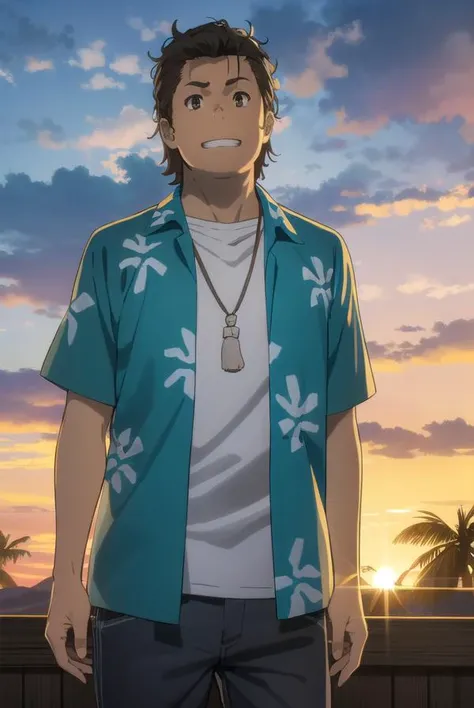 tetsudouhisakawa, <lora:tetsudou hisakawa s1-lora-nochekaiser:1>,
tetsudou hisakawa, black hair, (brown eyes:1.5), male focus, smile, grin,
BREAK shirt, open clothes, pants, necklace, sandals, hawaiian shirt,
BREAK outdoors, house, fields, grass, sky, sun,...