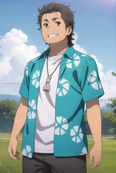 tetsudouhisakawa, <lora:tetsudou hisakawa s1-lora-nochekaiser:1>,
tetsudou hisakawa, black hair, (brown eyes:1.5), male focus, smile, grin,
BREAK shirt, open clothes, pants, necklace, sandals, hawaiian shirt,
BREAK outdoors, house, fields, grass, sky, sun,...