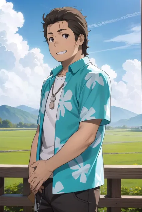 tetsudouhisakawa, <lora:tetsudou hisakawa s1-lora-nochekaiser:1>,
tetsudou hisakawa, black hair, (brown eyes:1.5), male focus, smile, grin,
BREAK shirt, open clothes, pants, necklace, sandals, hawaiian shirt,
BREAK outdoors, house, fields, grass, sky, sun,...