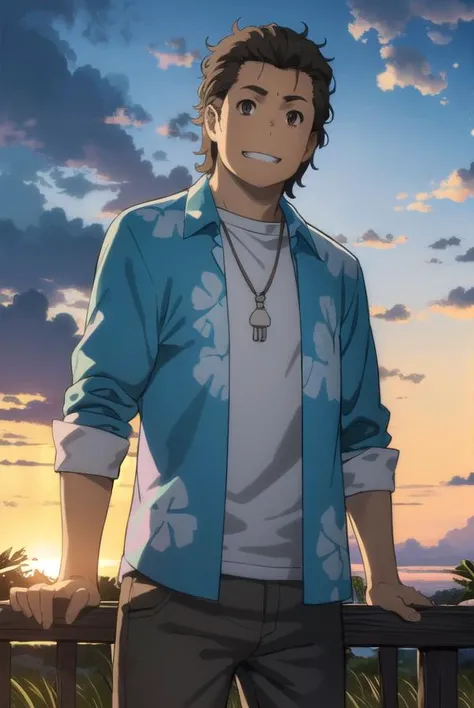 tetsudouhisakawa, <lora:tetsudou hisakawa s1-lora-nochekaiser:1>,
tetsudou hisakawa, black hair, (brown eyes:1.5), male focus, smile, grin,
BREAK shirt, open clothes, pants, necklace, sandals, hawaiian shirt,
BREAK outdoors, house, fields, grass, sky, sun,...