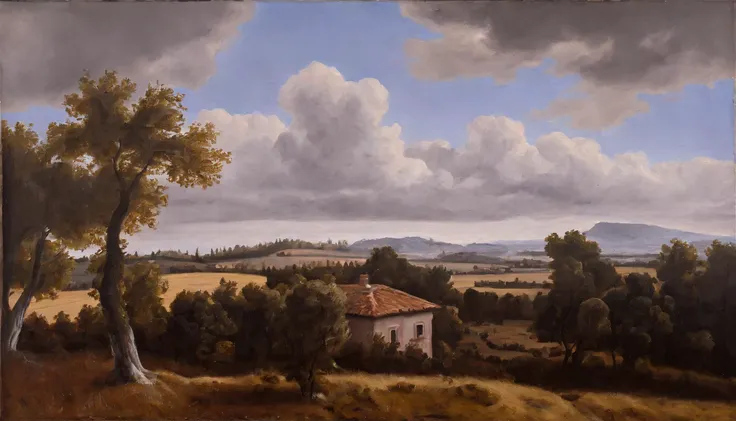 a traditional oil painting of a tuscan landscape, in the style of Meinert Hobbema