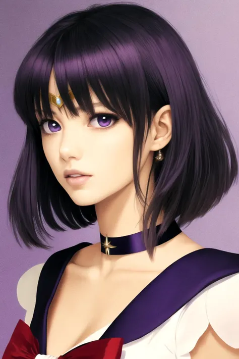 masterpiece, best quality, 1girl,  photo of realistic, sailor saturn, (gold tiara on her forehead),  tiara, solo, short hair, purple hair, bangs, black hair, red bow, brooch, choker, collarbone,  looking at viewer, parted lips, purple eyes, upper body, bla...