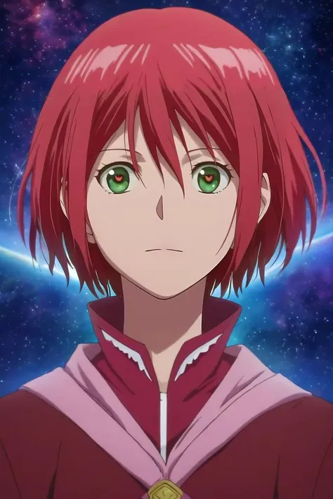 a woman with red hair and green eyes standing in front of a galaxy