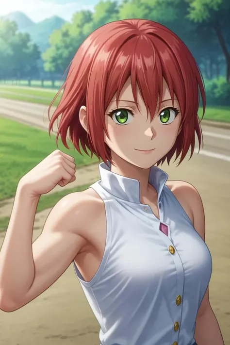 anime girl with red hair and green eyes posing for a picture