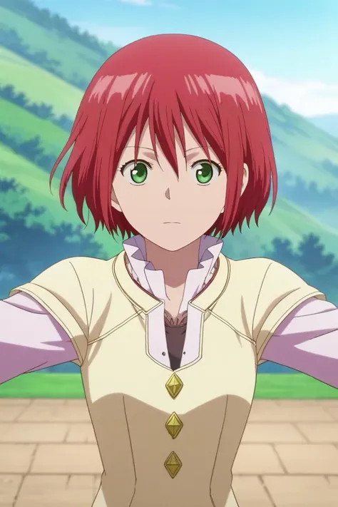 a woman with red hair and green eyes standing in front of a mountain