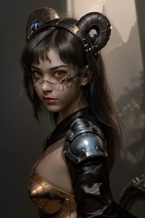 1980 manga "dark fantasy", high quality, 8K Ultra HD, hyperrealistic portrait. A samurai woman with a crocodile head in leather armor and a mask, her features are flooded with the soft diffused radiance of the golden room, which emphasizes the subtle nuanc...