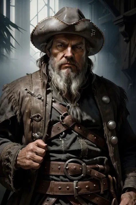 nsfw, Portrait of two thirds, highly detailed, 8k, photorealistic, selfie photograph of men, old pirate in Tyches belt, age about 60, white beard, short black hair, In his hand is a 17th century pistol, ((gorgeous symmetrical face)), natural beauty, ultra ...