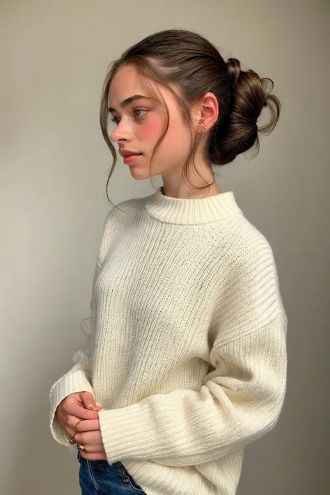 a woman wearing a white sweater and jeans stands against a wall