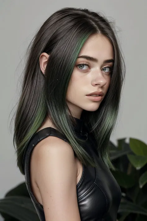 a woman with green hair and black leather top posing for a picture