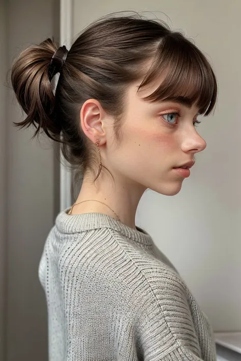 a close up of a woman with a ponytail in a room