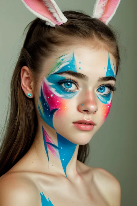 a girl with bunny ears and colorful makeup looks at the camera