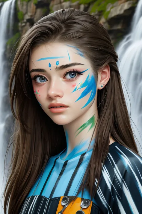 a woman with a face paint and a waterfall in the background