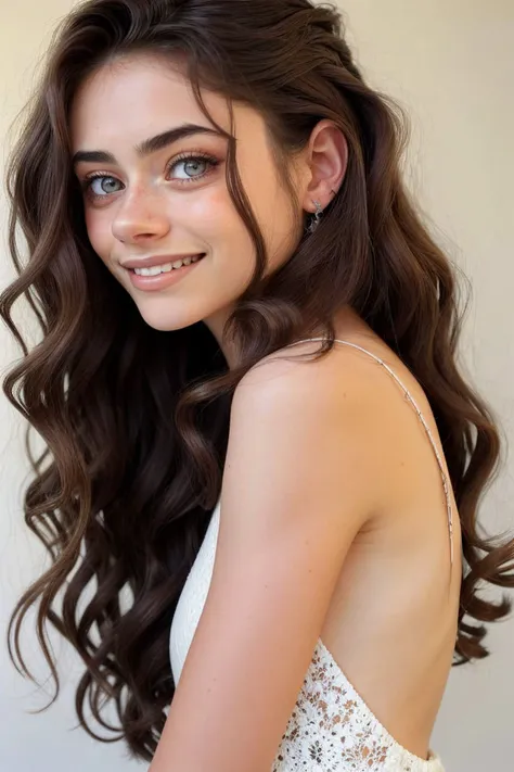 a close up of a woman with long hair wearing a white dress