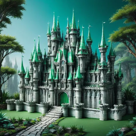 a castle with green turrets and a pathway in the middle