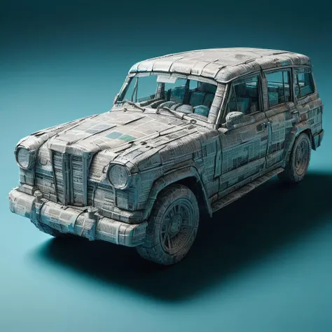 a close up of a car made out of newspaper on a blue background