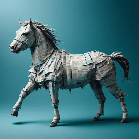 a close up of a horse made out of newspaper on a blue background