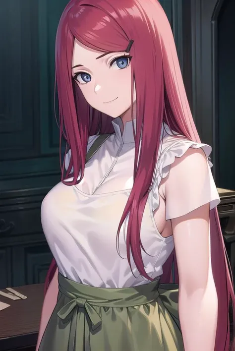 kushina, <lora:kushina uzumaki v2-lora-nochekaiser:1>,
kushina, long hair, hair ornament, red hair, hairclip, (grey eyes:1.5), (swept bangs:1.5), smile,
BREAK shirt, dress, jewelry, white shirt, short sleeves, apron, bracelet, green apron, collar,
BREAK lo...