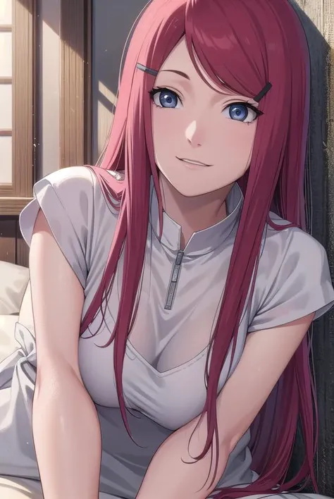 kushina, <lora:kushina uzumaki v2-lora-nochekaiser:1>,
kushina, long hair, hair ornament, red hair, hairclip, (grey eyes:1.5), (swept bangs:1.5), smile,
BREAK shirt, dress, jewelry, white shirt, short sleeves, apron, bracelet, green apron, collar,
BREAK lo...