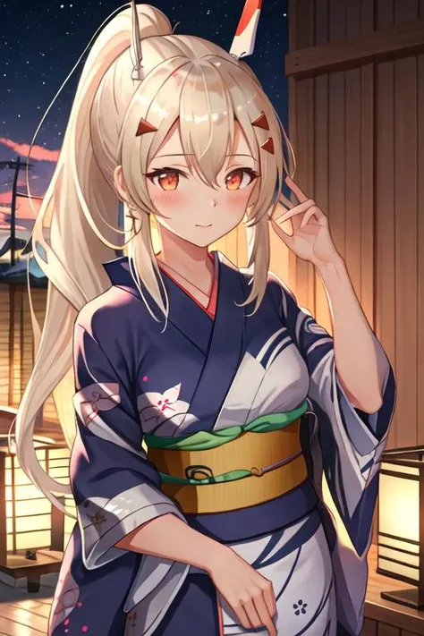 best quality, masterpiece, highres, solo, {yukata:1.40}, {kimono:1.20}, {ayanami_azurlane:1.15}, long_hair, ponytail, bangs, headgear, hair_between_eyes, sidelocks, hair_ornament, blush, blonde_hair, orange_eyes, breasts, retrofit_(azur_lane), red_eyes