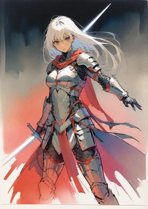 a drawing of a woman in armor with a sword