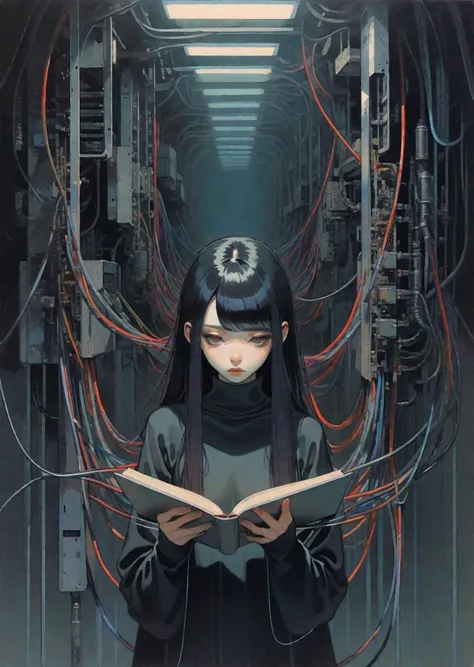 a woman reading a book in a room with wires all around her