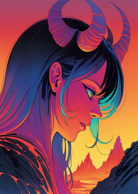 1girl demon , colorful, closeup detailed, gradient shadow, (best quality) hell lava art by Jean Giraud