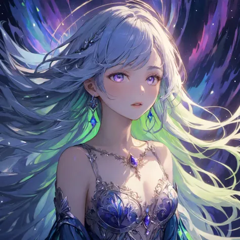 A female character with long flowing hair that appears to be made of ethereal swirling patterns resembling the Northern Lights or Aurora Borealis. The background is dominated by deep blues and purples creating a mysterious and dramatic atmosphere. The char...