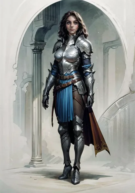 a beautiful woman, armor, greaves, armored boots, pauldrons, breastplate, gauntlets, knight, belt, cape, fur trim, standing, solo ,french, standing at attention for a portrait, watercolour art style,  <lora:breastsizeslideroffset:0.2> <lora:hair_length_sli...