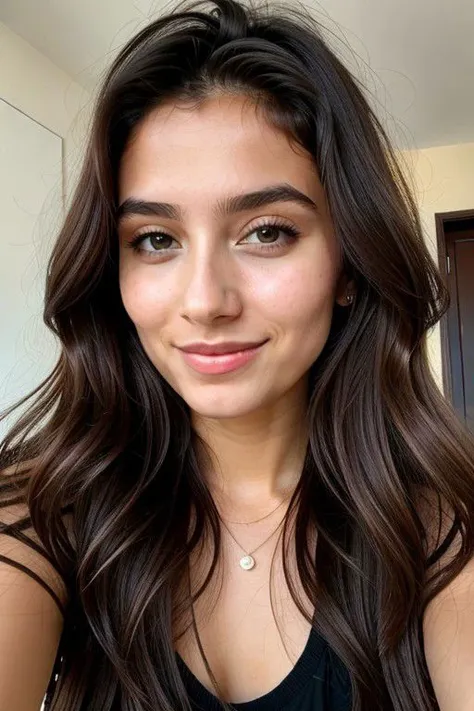 a close up of a woman with long hair and a black top