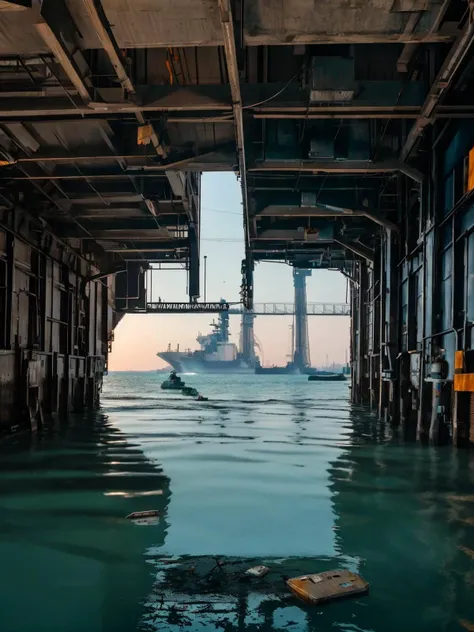 a view of a boat in the water under a bridge