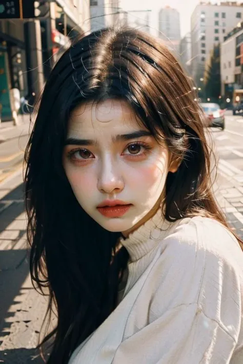 a woman with long hair and a white shirt standing on a street