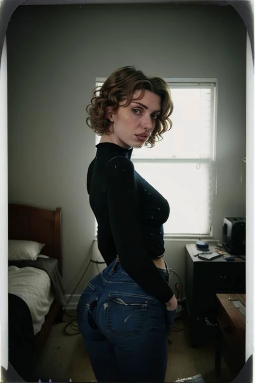 arafed woman in a black shirt and jeans standing in a bedroom