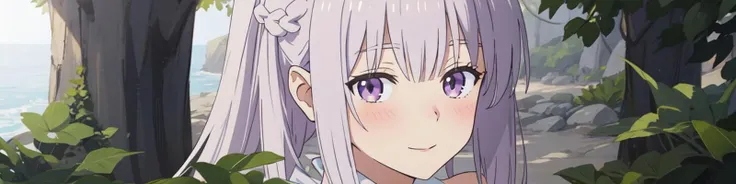 anime girl with long white hair and purple eyes in a forest