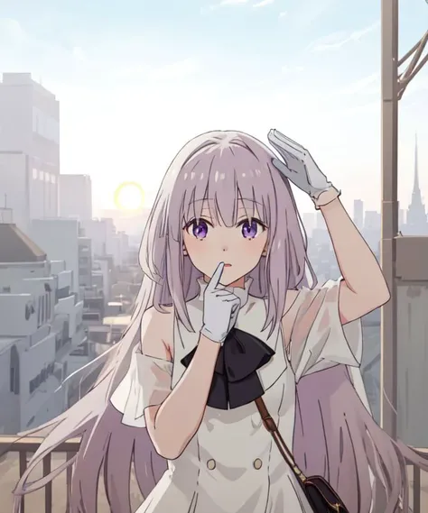 <lora:emilia:0.45>, <lora:bocchi_style_offset:0.8>,  <lora:add_detail:0>, 1girl, solo,  emilia, white dress, purple eyes, white hair, long hair, white gloves, arms up, upper body, looking at viewer, close-up, outdoors, city, fantasy, sun,