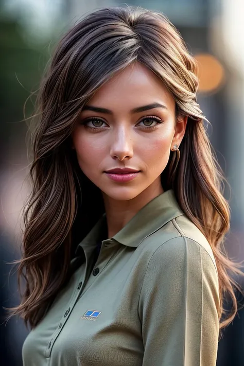 a close up of a woman with long hair wearing a green shirt