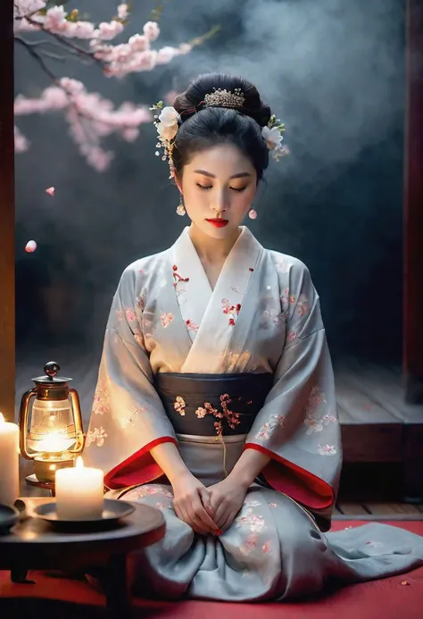 high quality, realistic, extradetalised, detailed face,  japanese girl, sitting on her knees in a cloud of evening fog, secluded in her studio, where candlelight softly illuminates her exquisite outfit. Among the cherry petals, she arranges a tea ceremony,...