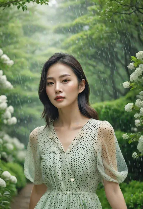 high quality, realistic, extradetalised, detailed face, mature japanese girl, A girl in an see-through dotted dress walks through a picturesque park surrounded by green trees and flowering bushes. Her dress, decorated with small dots, 
((park, heavy rain, ...