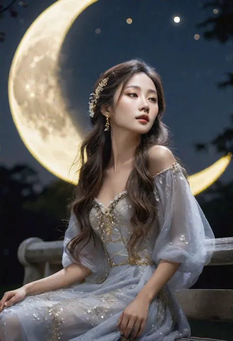 high quality, realistic, extradetalised, detailed face, japanese girl, In a night park, illuminated by moonlight, a girl in a magic dress sits on a bench. The fabric softly flows around her figure, her hair is loose under the moon rays. Her eyes shimmer wi...