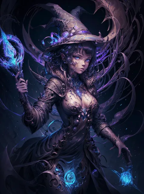(best quality, ultra-detailed, best illustration, best shadow, masterpiece, high res, professional artwork, famous artwork), (1girl, solo, safe), magic, glowing, rune_magic, robes, witch hat, staff, fractalized, fractal_body, action pose, power,