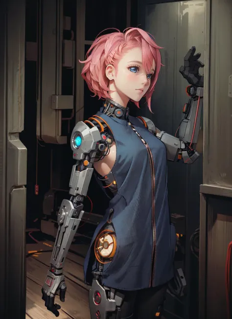 (masterpiece, best quality), intricate details,
1girl, <lora:airashiratori:0.8> aira_shiratori_(dandadan), pink hair,
<lora:reelmech1v2:0.8> reelmech, mechanical arms, wires, pistons, cyborg, prosthesis,