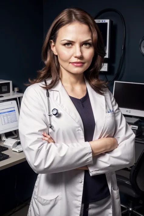 <lora:JenniferMorrison-RealVision-V1.0:1.2>,wearing a doctors white lab coat over a office blouse,portrait of jmn,brunette hair,<lora:add_detail:0.1>,sharp focus,natural lighting,professional doctor in a hospital,serious tone,eyeliner,lipstick,makeup,stand...