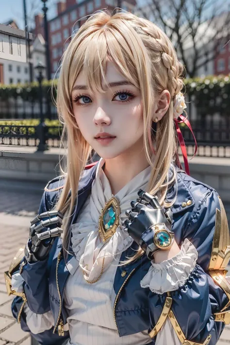 realistic detail, realistic, detailed,
break
1girl, petite, extremely beautiful, detailed skin complexion, vioev, violet evergarden, blonde, blue jacket, white dress, gloves, mechanical arms, mechanical hands, jewelry, cosplay
break
outdoor, flower garden,...