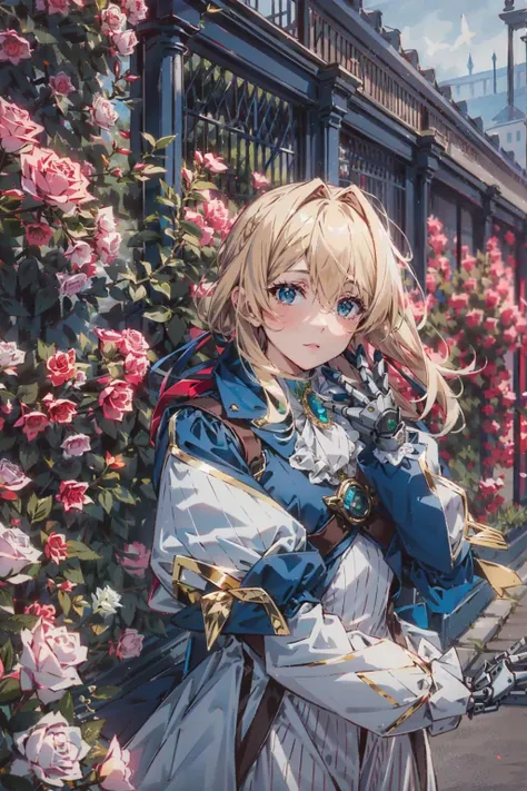 best illustration, masterpiece, bold outline,
break
1girl, petite, extremely beautiful, detailed skin complexion, vioev, violet evergarden, blonde, blue jacket, white dress, gloves, mechanical arms, mechanical hands, jewelry, cosplay
break
outdoor, flower ...