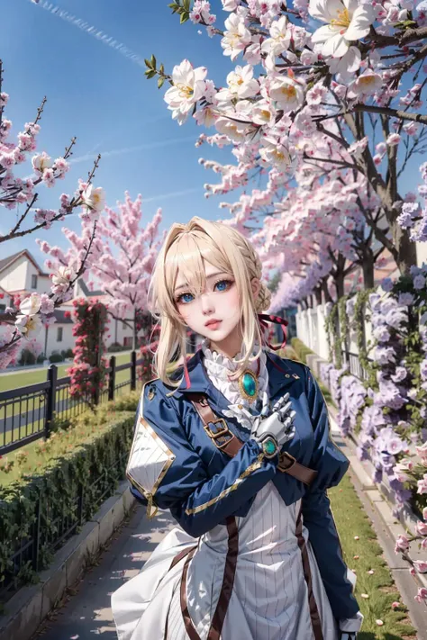 anime, bold outline, detailed, best illustration, masterpiece
break
1girl, petite, extremely beautiful, detailed skin complexion, vioev, violet evergarden, blonde, blue jacket, white dress, gloves, mechanical arms, mechanical hands, jewelry,
break
outdoor,...