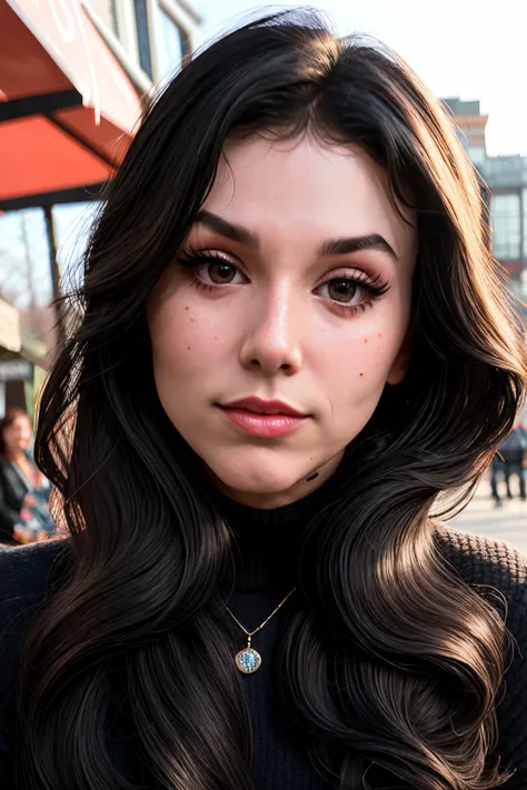 graceCur1 piercing eyes, looking straight, very happy,long hair, wearing an black  sweater, necklace, closeup portrait, in a outdoor cafe in 2015, afternoon light