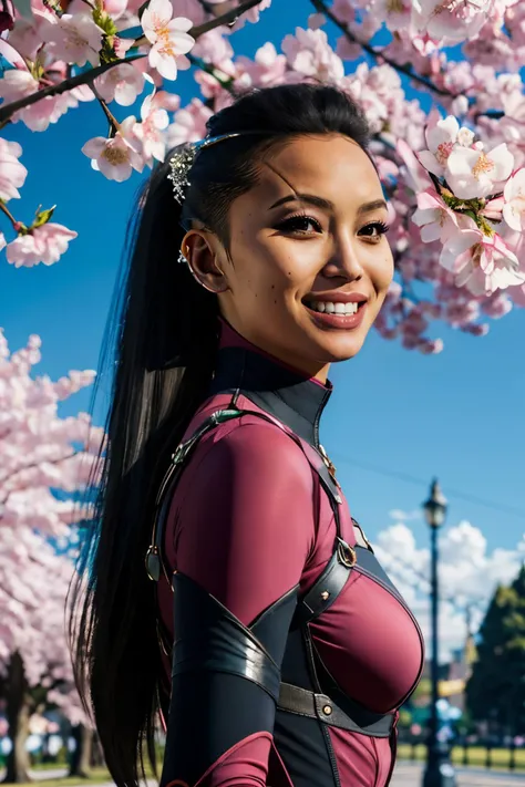 milleena, black ponytail, eyebrow scar, brown eyes, pink bodysuit,  jewellery, hair pin, looking at viewer, smiling, happy, teeth, 
outside, marble palace, cherry blossom, blue sky, extreme detail, hdr, beautiful quality,  <lora:mileena:.8>