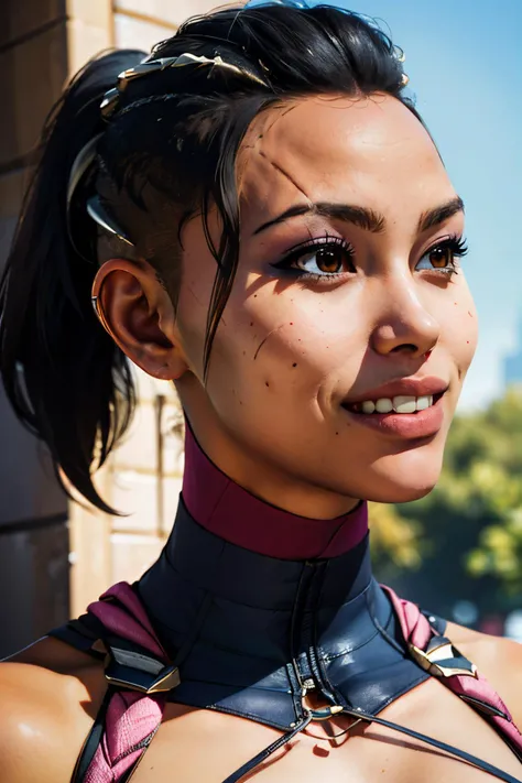 mileena, black ponytail, eyebrow scar, brown eyes, pink bodysuit, jewellery, hair pin, looking at viewer, smiling,  happy, portrait, 
outside, blue sky, extreme detail,masterpiece, beautiful quality, <lora:mileena:.8>