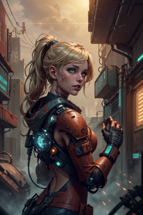 a woman in a futuristic outfit holding a gun in a city